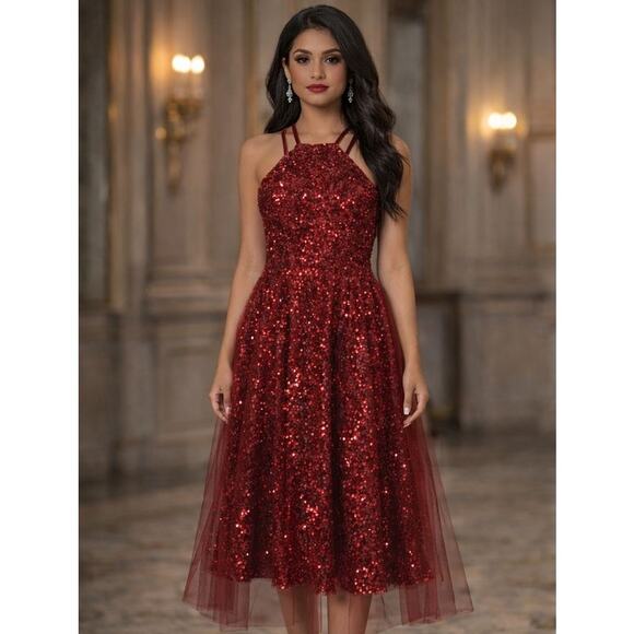 NWT Vip & Diamond Bridal Womens Red Sequin Velvet TulleTrain Halter Gown Size 14